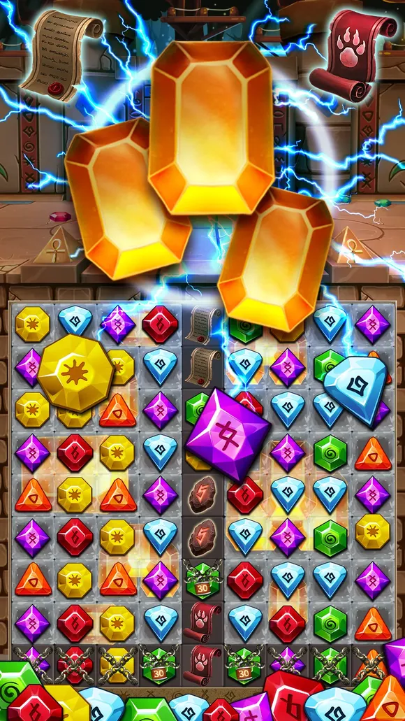 Jewel Ancient 2 level with stacked obstacles and a treasure goal
