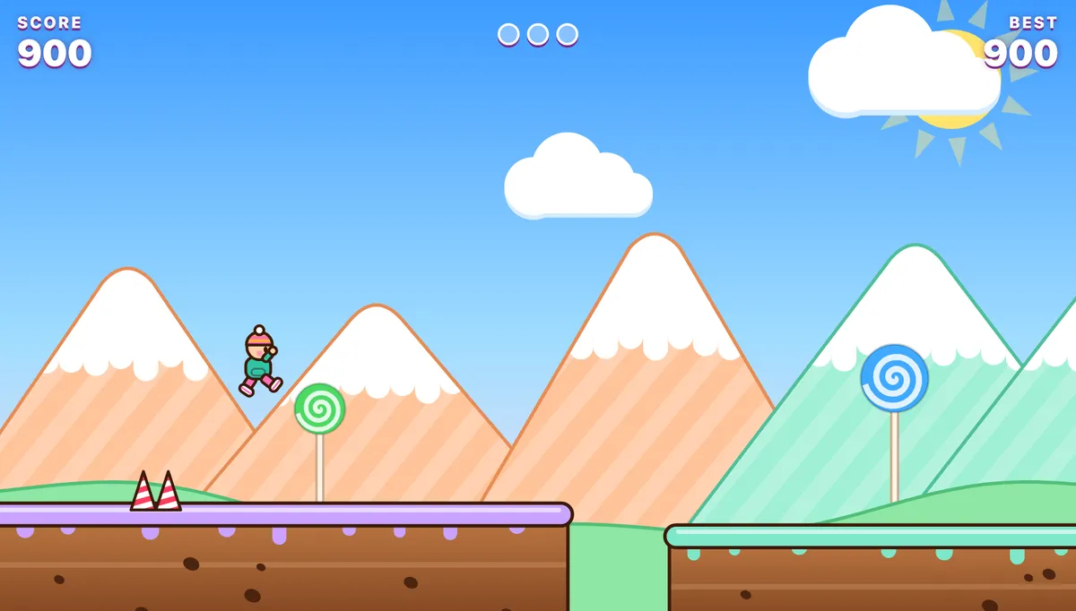Sweet Run: the runner in mid-jump between two cake platforms above candy mountains